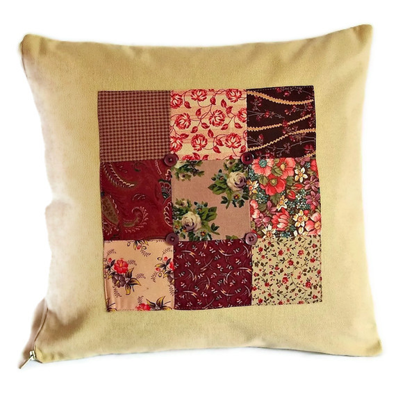 Vintage style patchwork panel cushion cover in pinks and burgundy with zip fastening 35cm