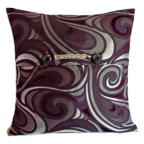 Retro paisley deisgn woven satin fabric cushion cover in metallic grey and purple 45cm